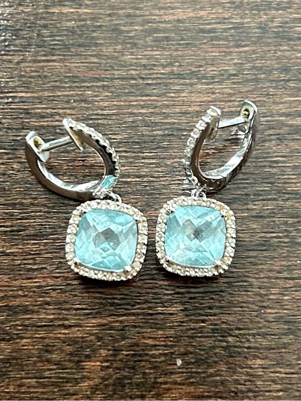 14K White Gold and Diamond Hoop Drop Earrings with Aquamarine Stones